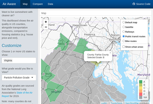 The dashboard shows the air quality in certain areas along with transportation emissions, compared to housing statistics (e.g. house price and rent).