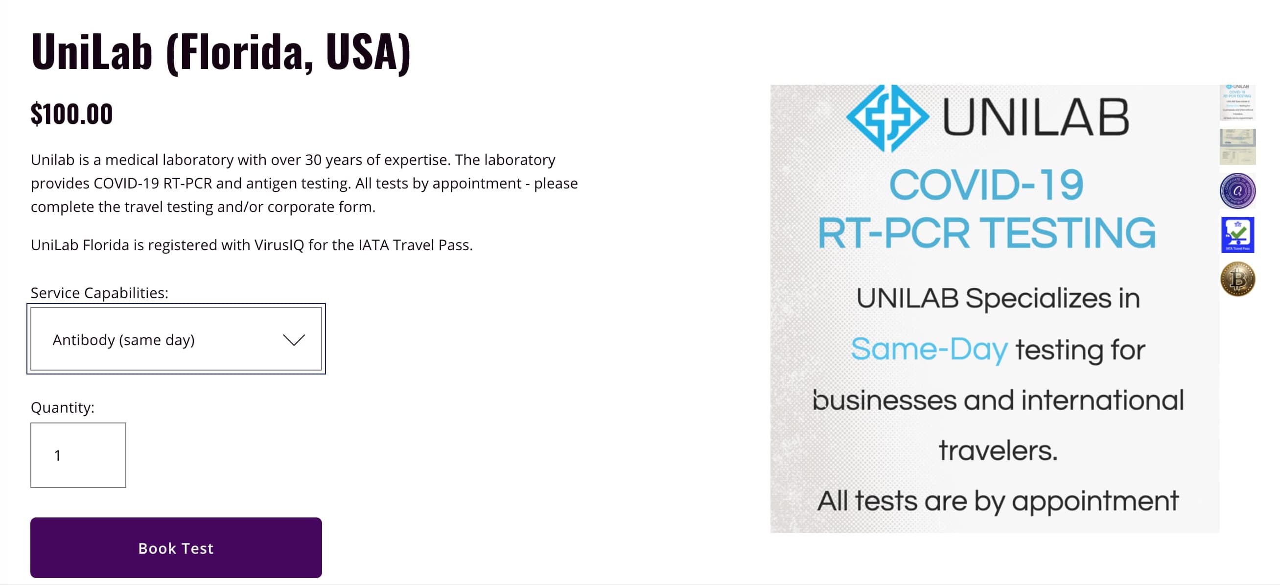 Screenshot of the ClinIQ web app with a choice of where to sign up for a COVID-19 RT-PCR test