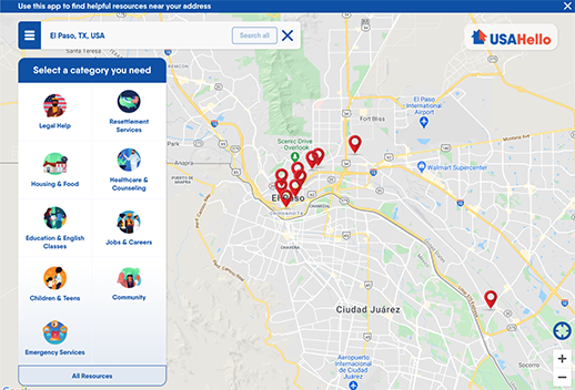 Screenshot of a map of Texas. There is a bar on the left where you can select categories such as 'Legal Help', 'Resettlement Services', 'Housing & Food', and 'Community'.