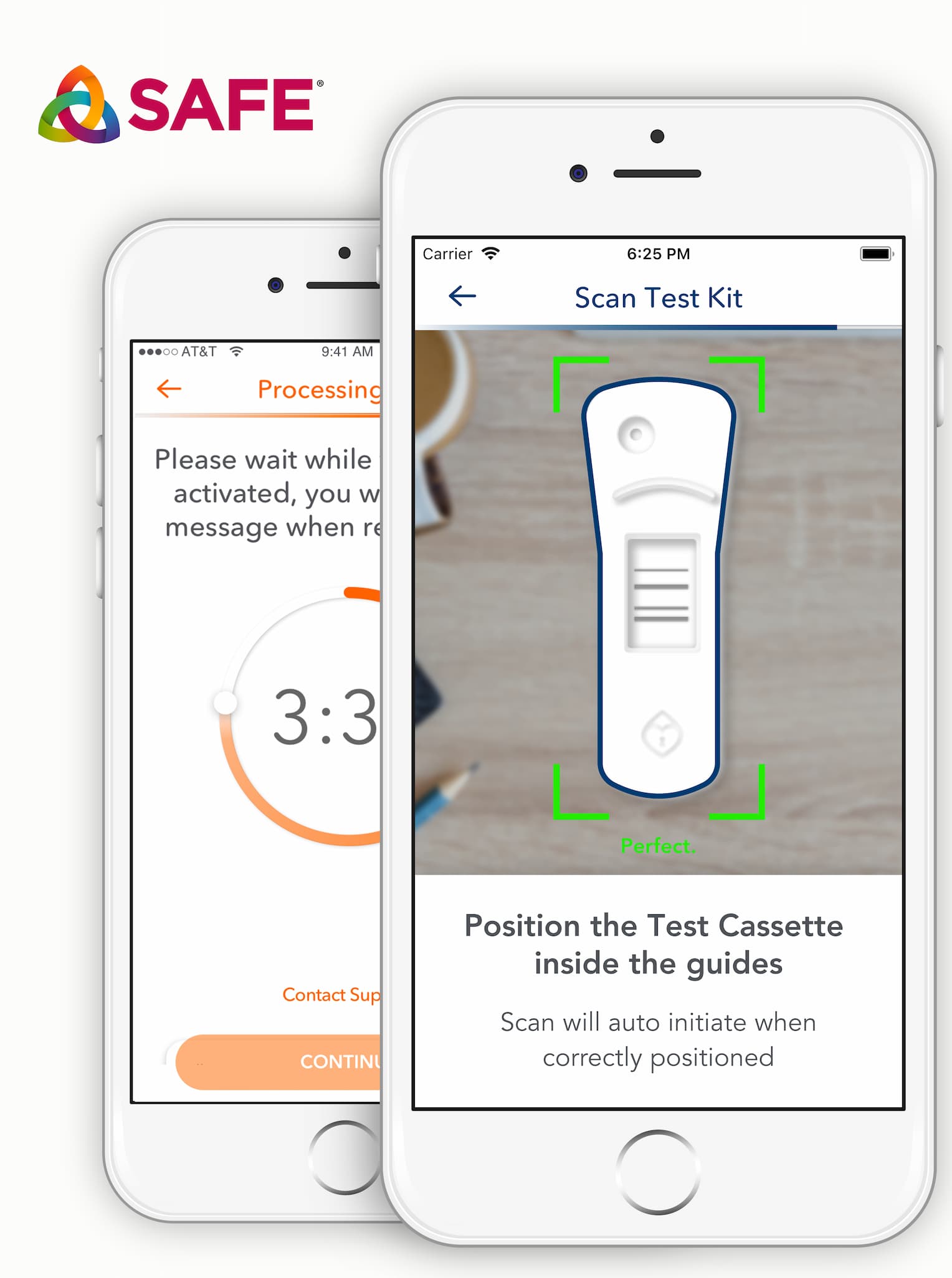 Two iPhone mockups - one showing a countdown timer titled 'Please Wait' and another showing a camera pointed at a stick test with instructions to 'Position the Test Casette' inside the guides