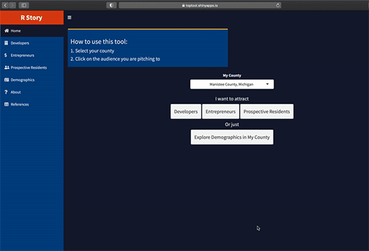 This app is a scrolling image, you can select your county, and the audience you want to pitch to (ex. developers). The app will then display graphs that target that audience.