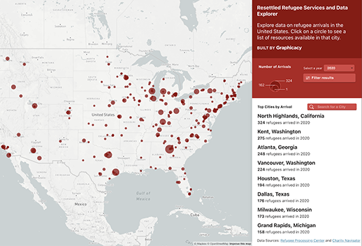 The Resettled Refugee Services and Data Explorer displays a map with locations on where different refugees has resettled. The app inclides list of the Top cities by Arrival. North Highlands, California is top on the list, with 324 refugees that arrived in 2020.