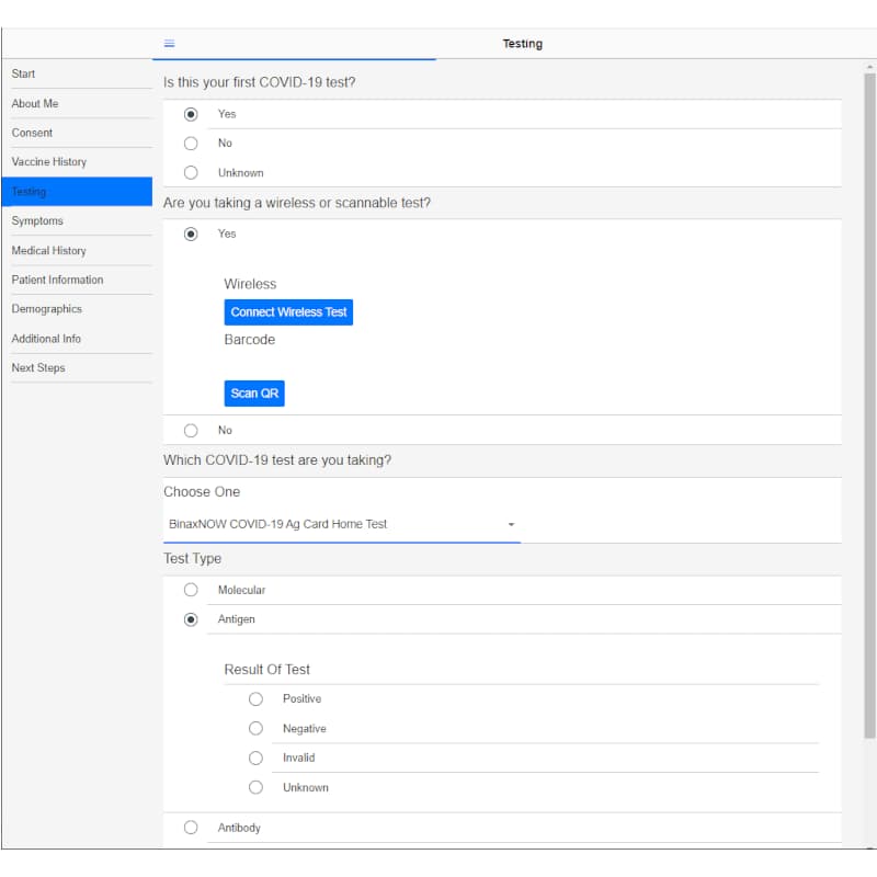 Screenshot showing an intake form for a COVID test including questions such as 'Is this your first COVID test?'