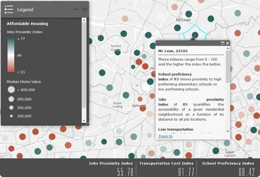 Map that shows housing affordability index and relative proximity to jobs