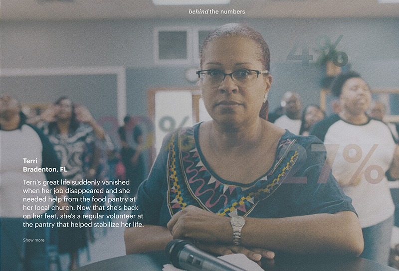 Behind the Numbers, photo of woman sitting at a desk. There is a small description that explains how the food pantry helped get her back on her feet