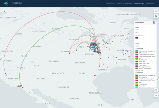 Screenshot of the Topolytics application. The app displays a map of the united states; the travel of waste products is color coded and tracked from place to place.