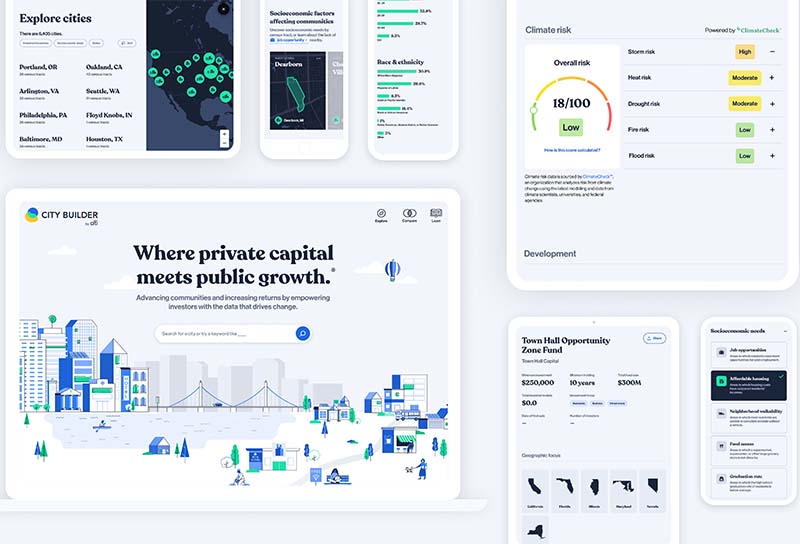 Screens of the city builder app, saying where private capital meets public growth
