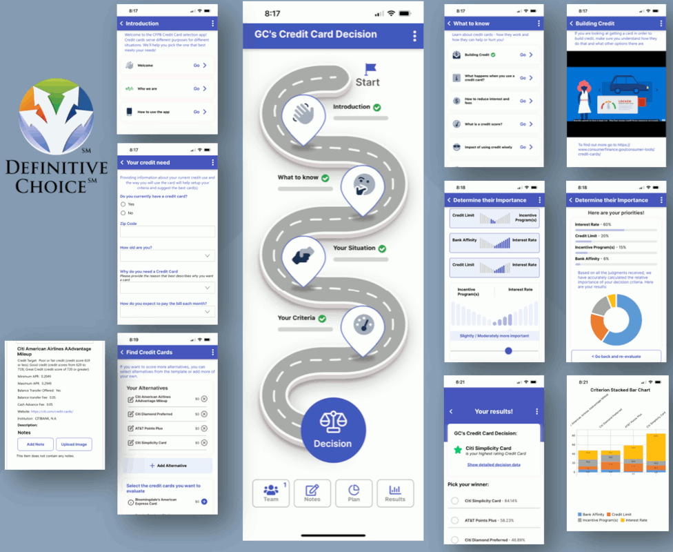 Screenshots of the mobile interface of the Definitive Choice app.