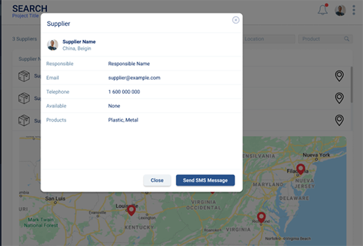 Screenshot of the Eco Bloc search function. A profile has been selected, with the name 'Supplier', contact information, and products, such as plastic and metal.