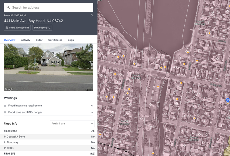 Floodplain dashboard with a map that indicates flood risk areas in Bay Head, NJ