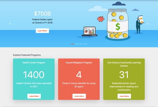 Screenshot of Grants Impact and Story Tool application. Across the top is an illustrated banner with statistics listed below