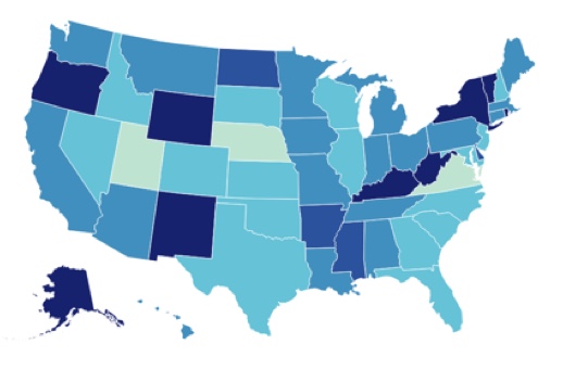 A map of the United State with each state colored in a blue scale, from very light blue, to very dark