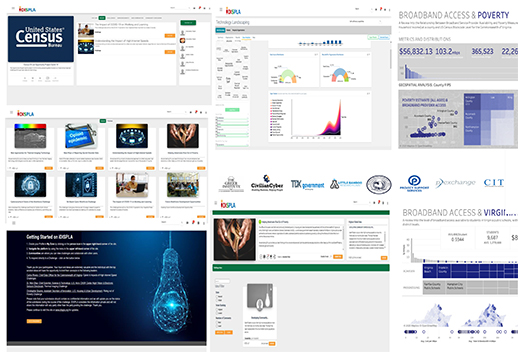 The image contains screenshots from the product, with the title 'Broadband Access & Poverty'