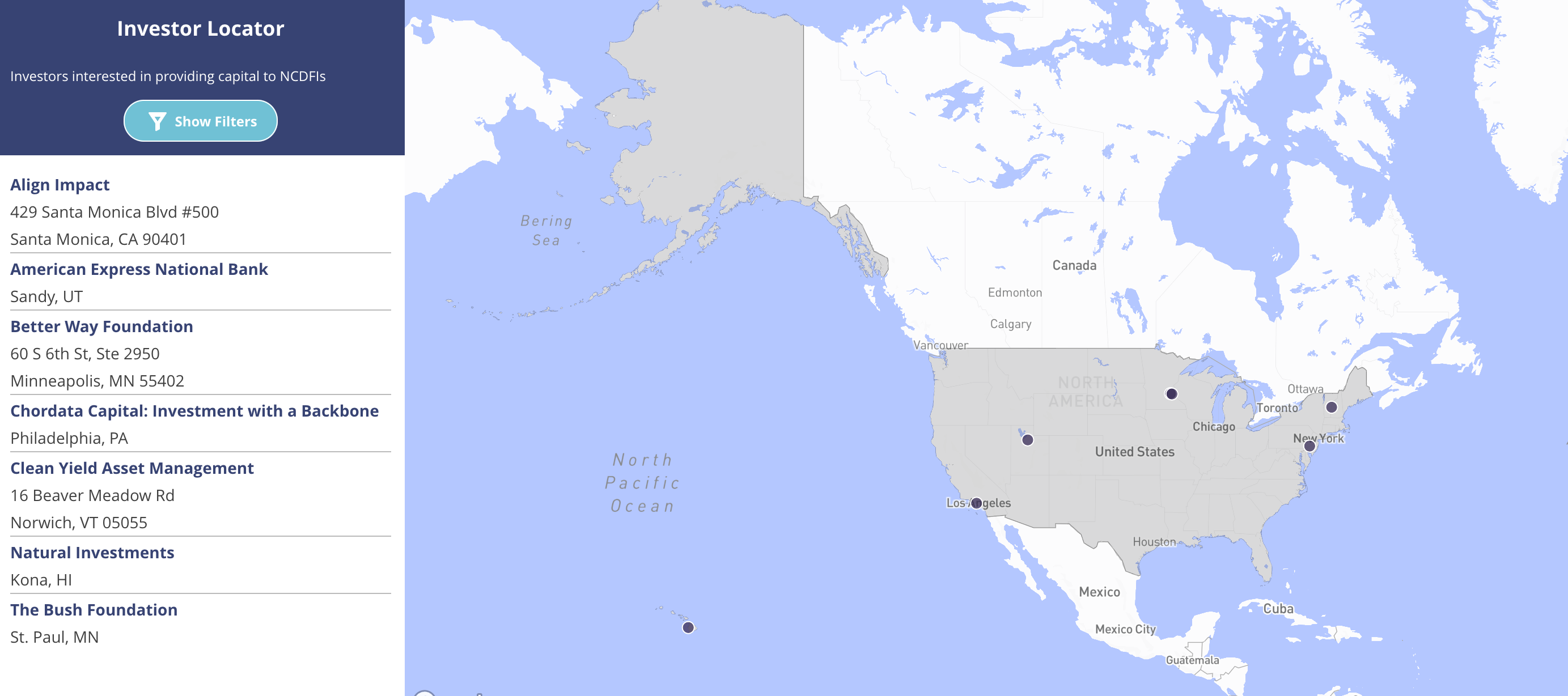 A map of the United States demarcating locations of Native CDFIs. 