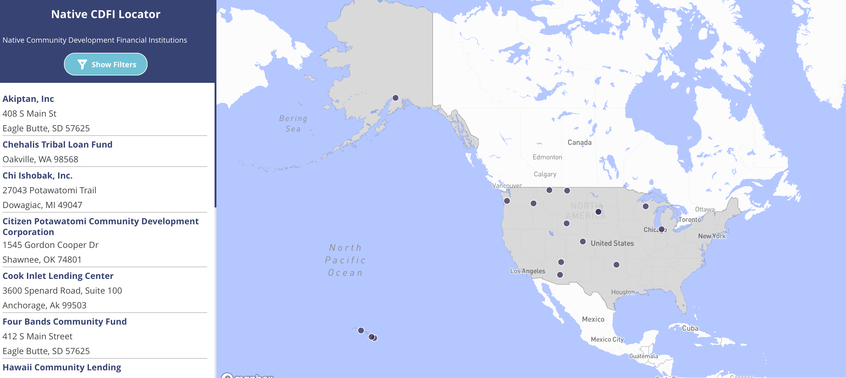 A map of the United States demarcating locations of Native CDFIs. 