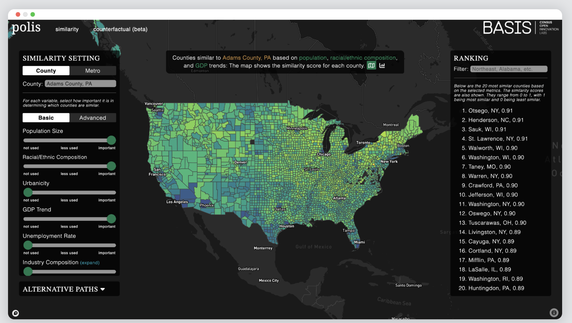 A map of the contiguous United States comparing counties based on similarities.