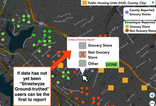 Demo of map with interaction that allows users to ground truth and submit information about what a location is