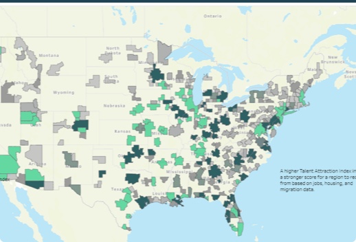 This is a moving image of the Talent Tech Tracker app. You can filter by county to see the tech economic report of different areas.