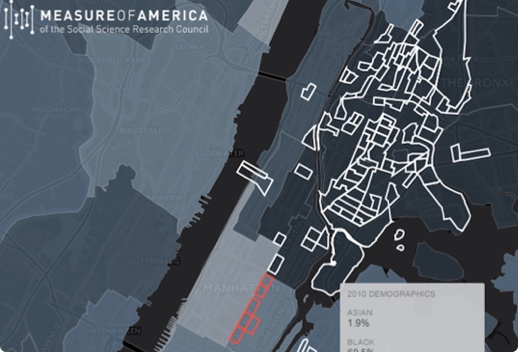 Map of the South Bronx and northern Manhattan with the Measure of America logo