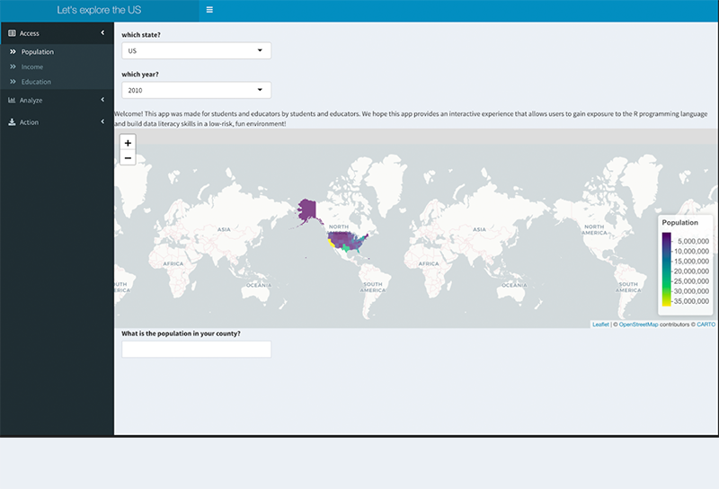 Interactive map that says let's explore the US and displays population, income, and education information